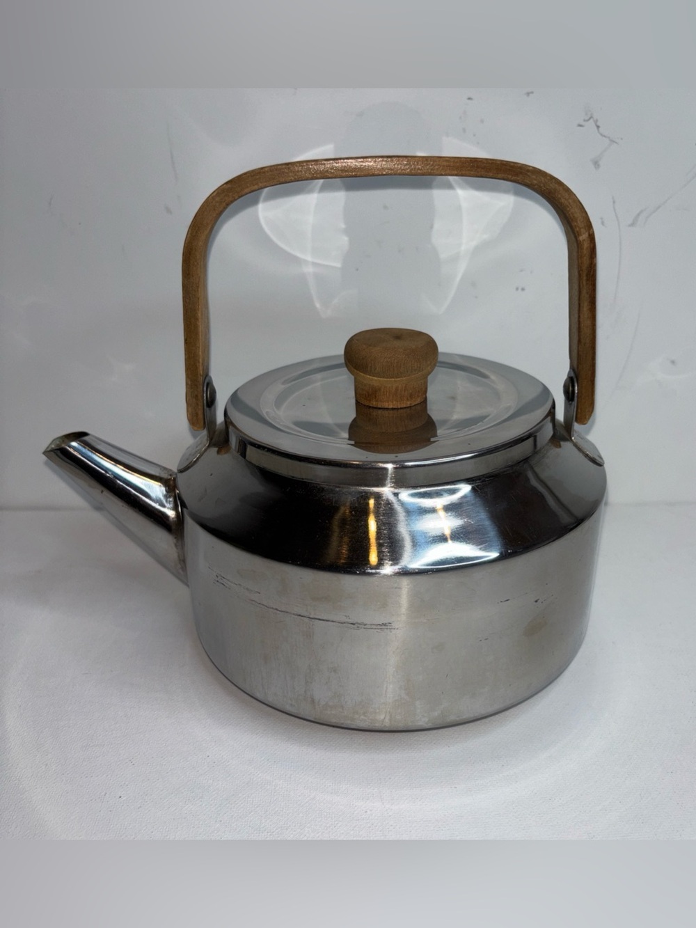 Vintage LK Taiwan Stainless Steel  Tea Kettle Wood Handle And Knob MCM